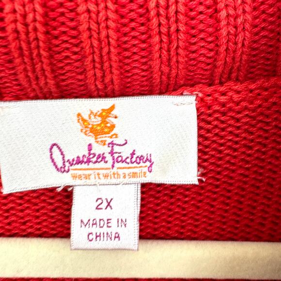 Quacker Factory Womens Zip Front Sweater Size 2X Embellished 100% Cotton Red - Picture 2 of 7